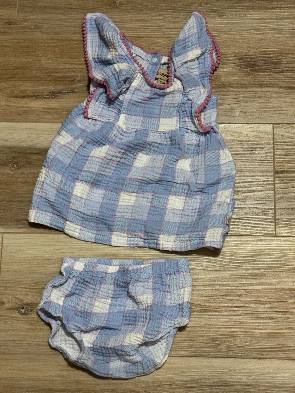 Bearpaw Baby Girl Blue Plaid Muslin Pom Pom Ruffle Dress & Bloomers Set 12M